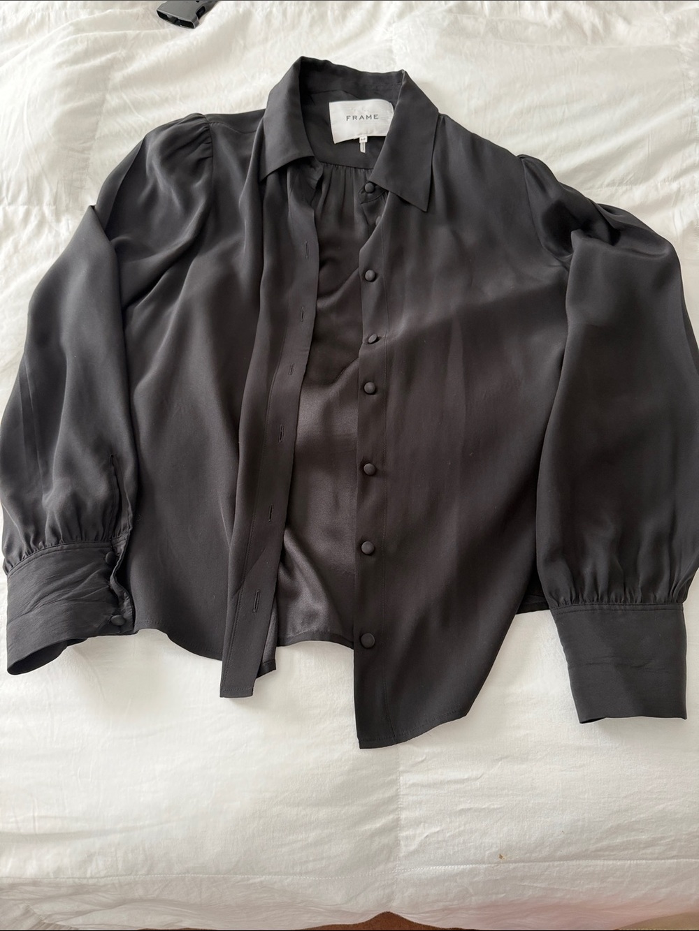Frame Denim Black Silk-Blend Puff Sleeve Button-Up Shirt